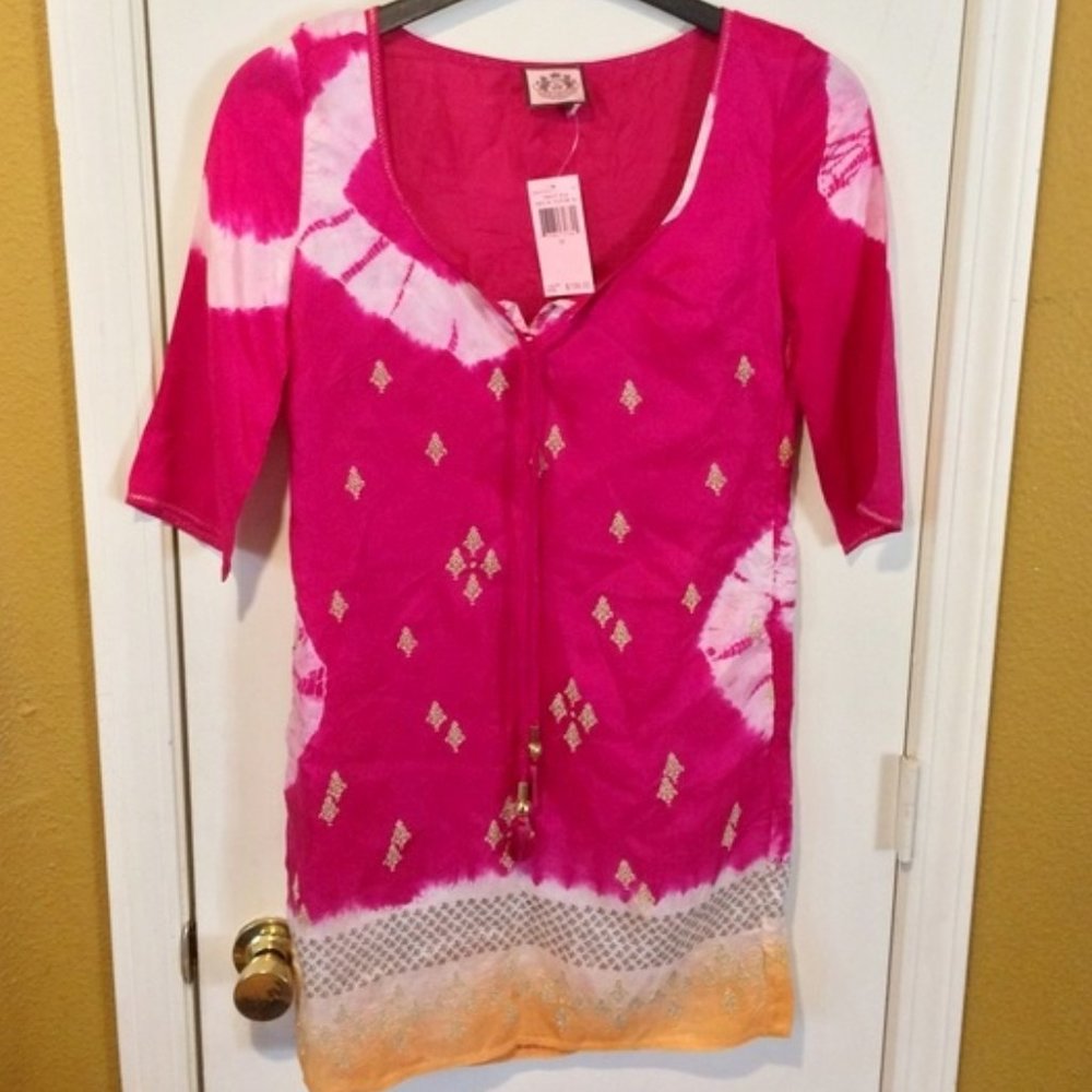 Juicy Couture women's medium silk flutter tie-neck tunic "FRUIT PIE" dress